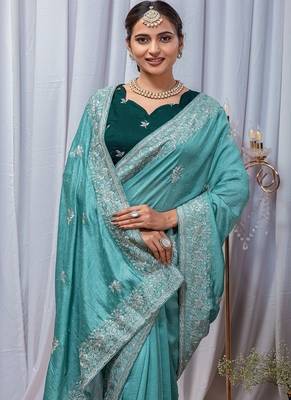 Aqua Blue Color Zari Embroidery Hotflix Diamond Work Vichitra Silk Saree 2