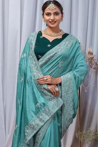Aqua Blue Color Zari Embroidery Hotflix Diamond Work Vichitra Silk Saree
