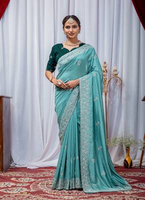 Aqua Blue Color Zari Embroidery Hotflix Diamond Work Vichitra Silk Saree 1