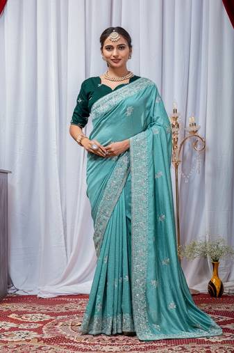 Aqua Blue Color Zari Embroidery Hotflix Diamond Work Vichitra Silk Saree