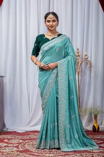 Aqua Blue Color Zari Embroidery Hotflix Diamond Work Vichitra Silk Saree