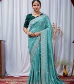 Aqua Blue Color Zari Embroidery Hotflix Diamond Work Vichitra Silk Saree