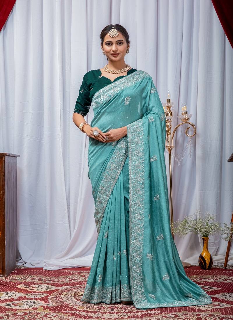 Aqua Blue Color Zari Embroidery Hotflix Diamond Work Vichitra Silk Saree
