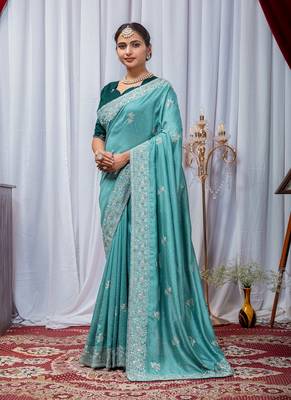 Aqua Blue Color Zari Embroidery Hotflix Diamond Work Vichitra Silk Saree 3