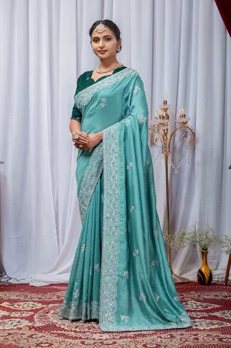 Aqua Blue Color Zari Embroidery Hotflix Diamond Work Vichitra Silk Saree