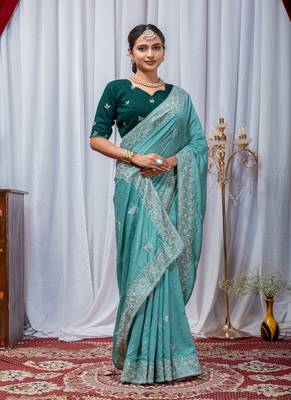 Aqua Blue Color Zari Embroidery Hotflix Diamond Work Vichitra Silk Saree 4