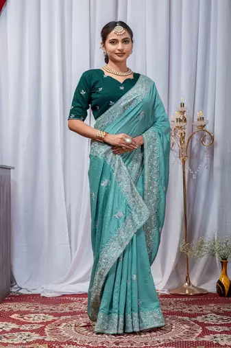 Aqua Blue Color Zari Embroidery Hotflix Diamond Work Vichitra Silk Saree