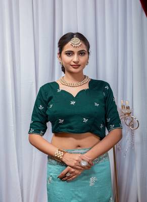 Aqua Blue Color Zari Embroidery Hotflix Diamond Work Vichitra Silk Saree 5