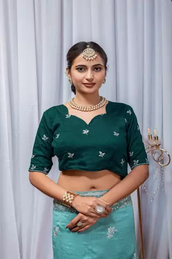 Aqua Blue Color Zari Embroidery Hotflix Diamond Work Vichitra Silk Saree