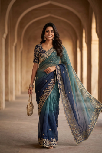 Blue Color Sequins with Jari Thread Embroidery Work  Chiffon Silk Saree
