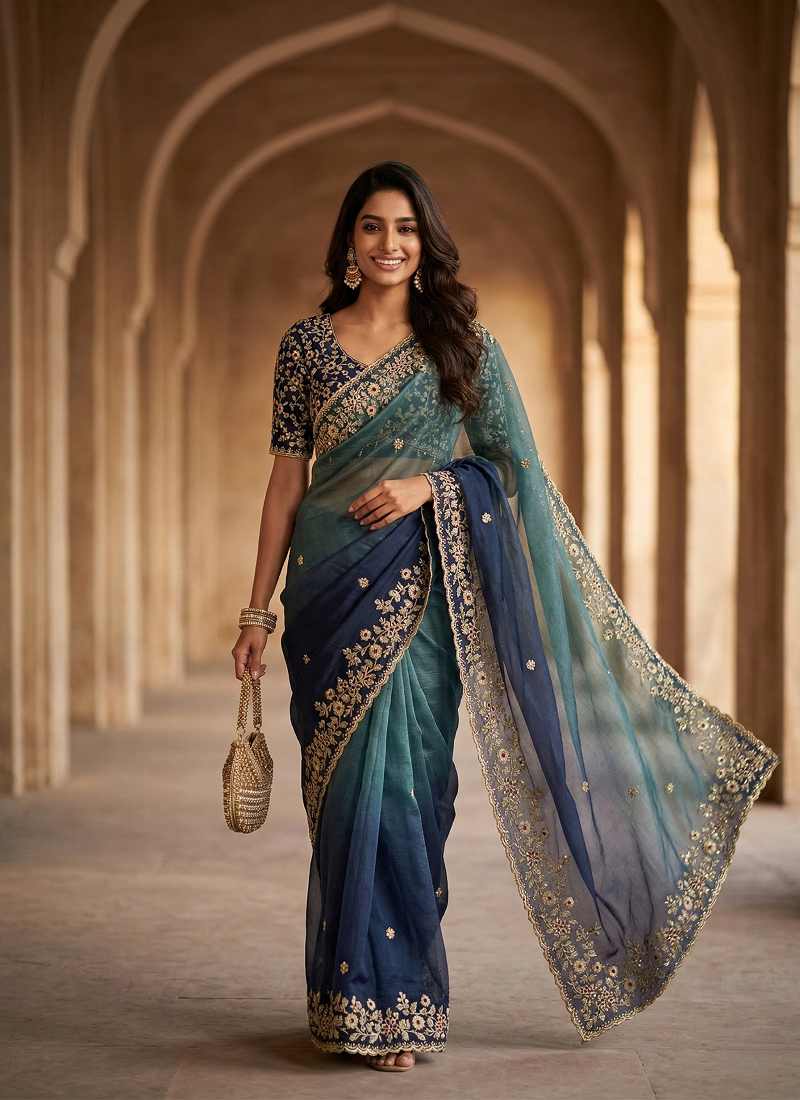 Blue Color Sequins with Jari Thread Embroidery Work  Chiffon Silk Saree