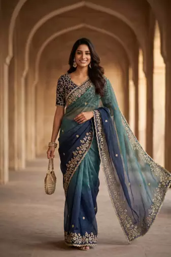 Blue Color Sequins with Jari Thread Embroidery Work  Chiffon Silk Saree