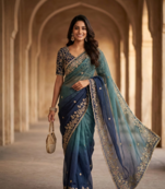 Blue Color Sequins with Jari Thread Embroidery Work  Chiffon Silk Saree