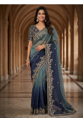 Blue Color Sequins with Jari Thread Embroidery Work  Chiffon art silk saree 2