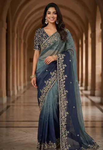Blue Color Sequins with Jari Thread Embroidery Work  Chiffon art silk saree