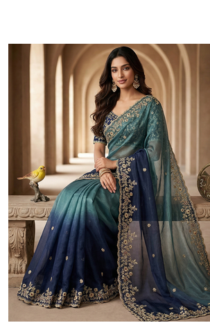 Blue Color Sequins with Jari Thread Embroidery Work  Chiffon art silk saree 3