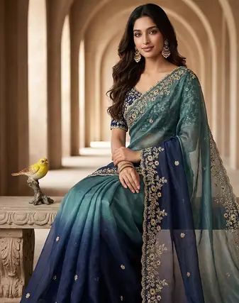 Blue Color Sequins with Jari Thread Embroidery Work  Chiffon art silk saree