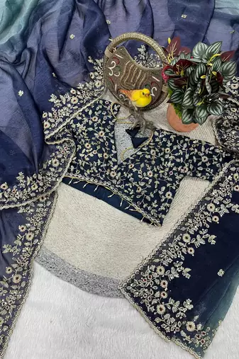 Blue Color Sequins with Jari Thread Embroidery Work  Chiffon art silk saree