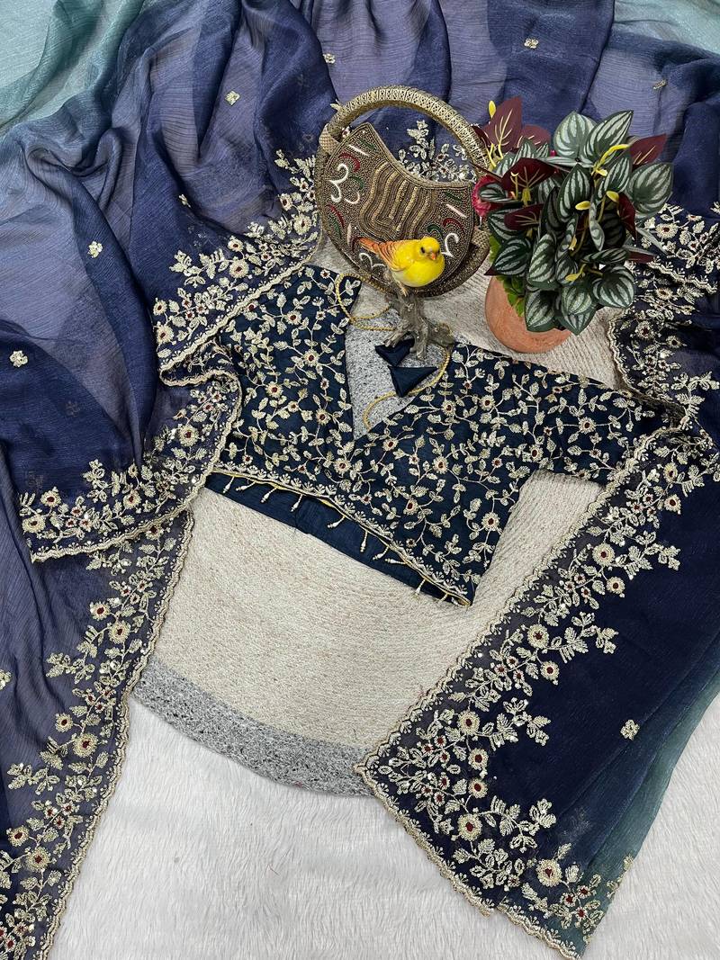 Blue Color Sequins with Jari Thread Embroidery Work  Chiffon Silk Saree
