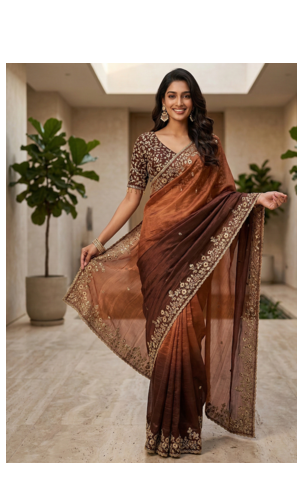 Brown Color Sequins with Jari Thread Embroidery Work  Chiffon art silk saree 1