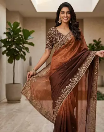Brown Color Sequins with Jari Thread Embroidery Work  Chiffon Silk Saree