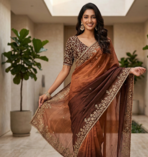 Brown Color Sequins with Jari Thread Embroidery Work  Chiffon Silk Saree