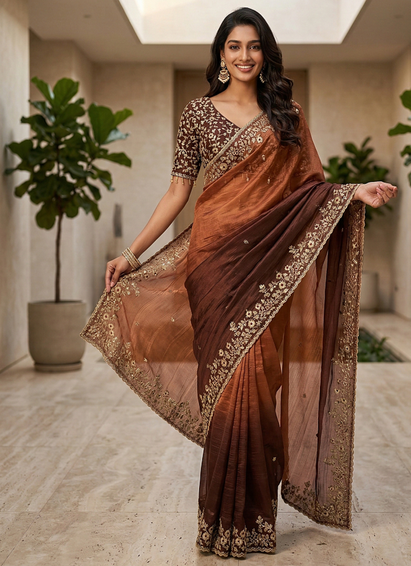 Brown Color Sequins with Jari Thread Embroidery Work  Chiffon Silk Saree