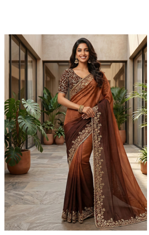 Brown Color Sequins with Jari Thread Embroidery Work  Chiffon art silk saree 2