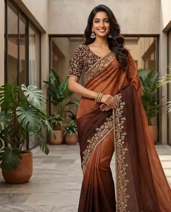 Brown Color Sequins with Jari Thread Embroidery Work  Chiffon art silk saree