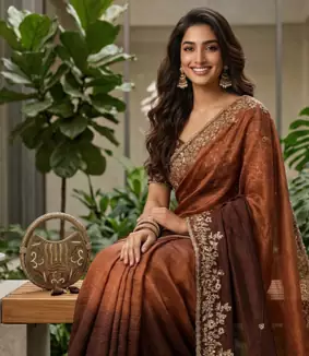 Brown Color Sequins with Jari Thread Embroidery Work  Chiffon art silk saree