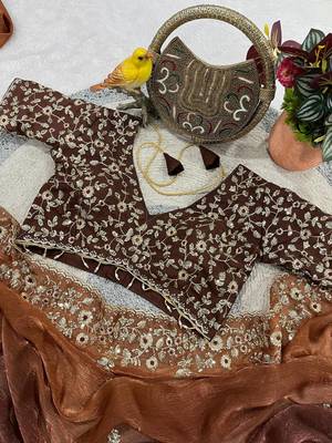 Brown Color Sequins with Jari Thread Embroidery Work  Chiffon art silk saree 4