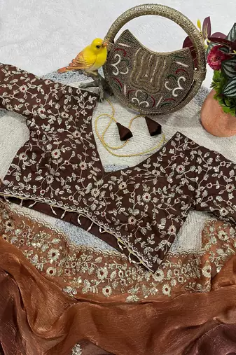 Brown Color Sequins with Jari Thread Embroidery Work  Chiffon art silk saree