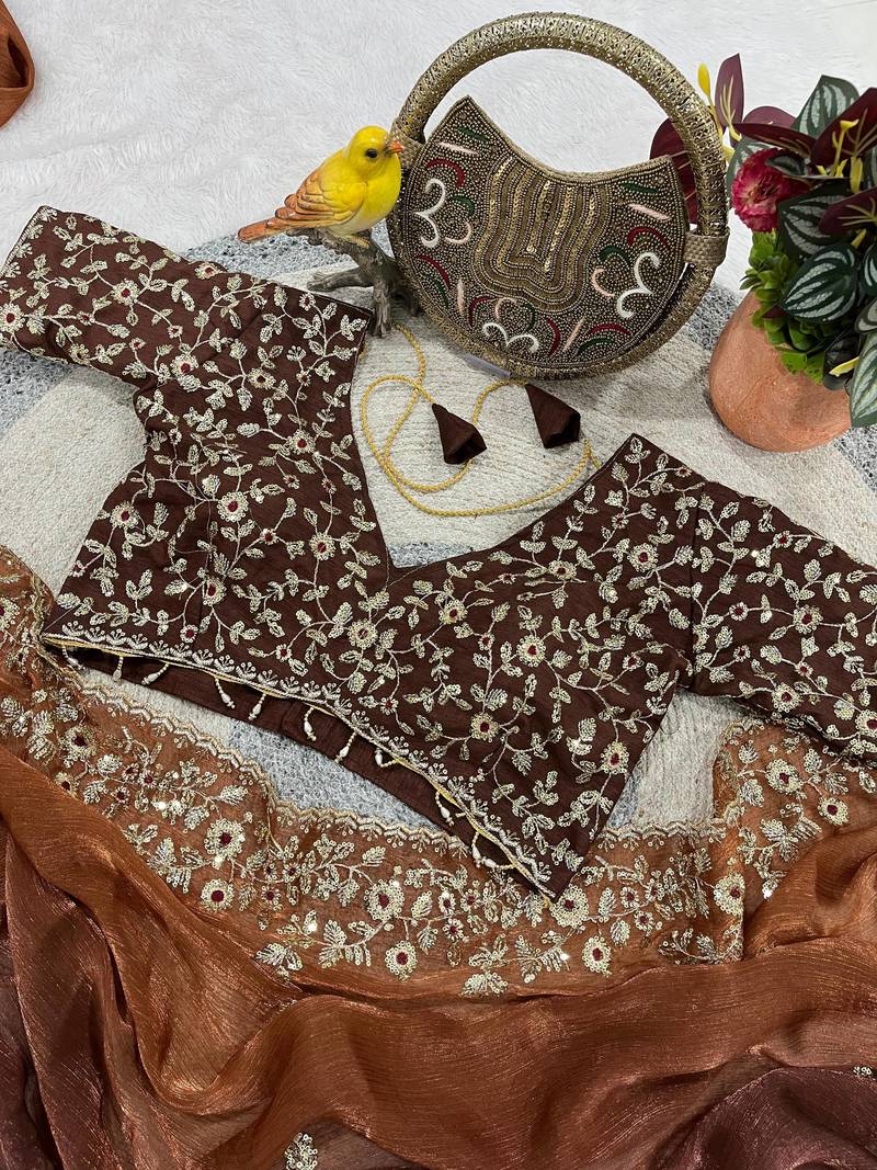 Brown Color Sequins with Jari Thread Embroidery Work  Chiffon Silk Saree