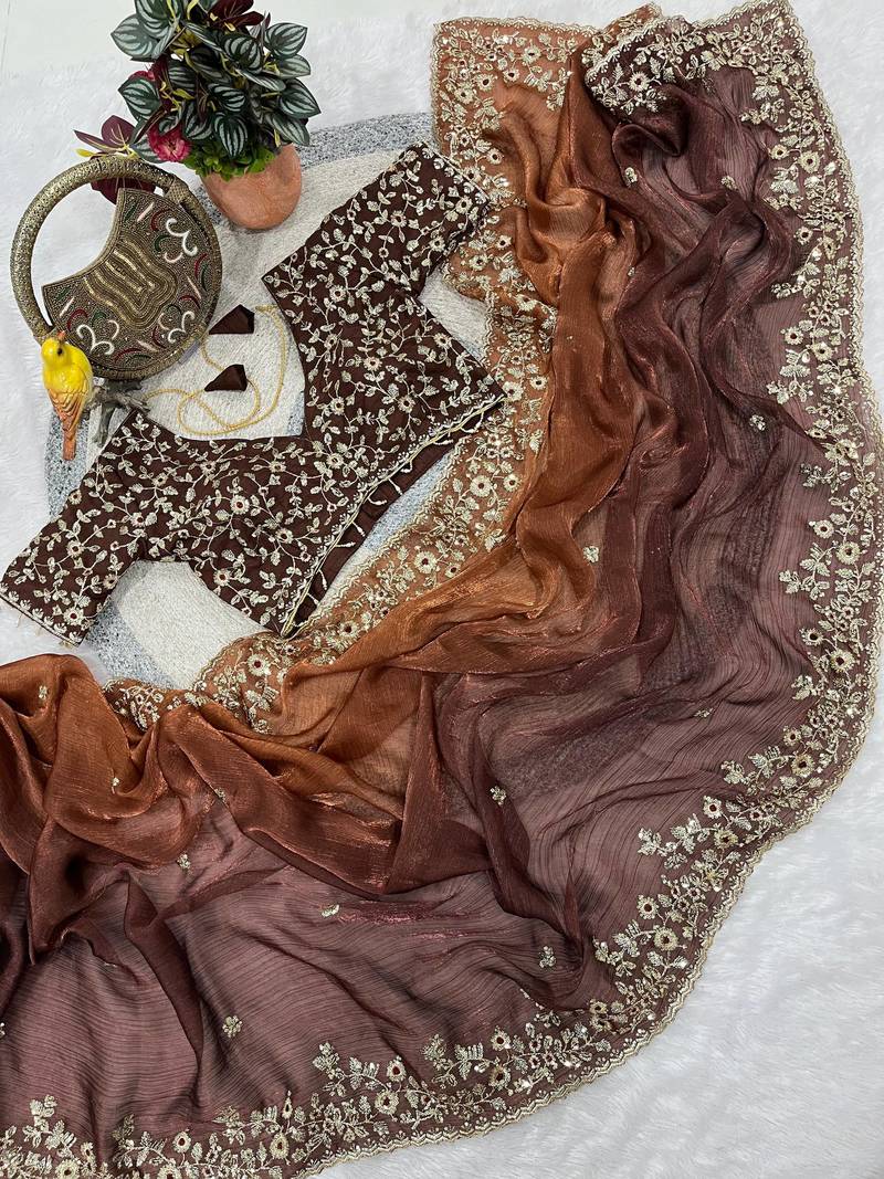 Brown Color Sequins with Jari Thread Embroidery Work  Chiffon Silk Saree