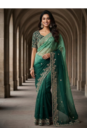 Green Color Sequins with Jari Thread Embroidery Work  Chiffon art silk saree 1
