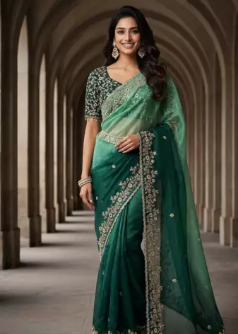Green Color Sequins with Jari Thread Embroidery Work  Chiffon Silk Saree