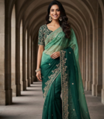 Green Color Sequins with Jari Thread Embroidery Work  Chiffon Silk Saree