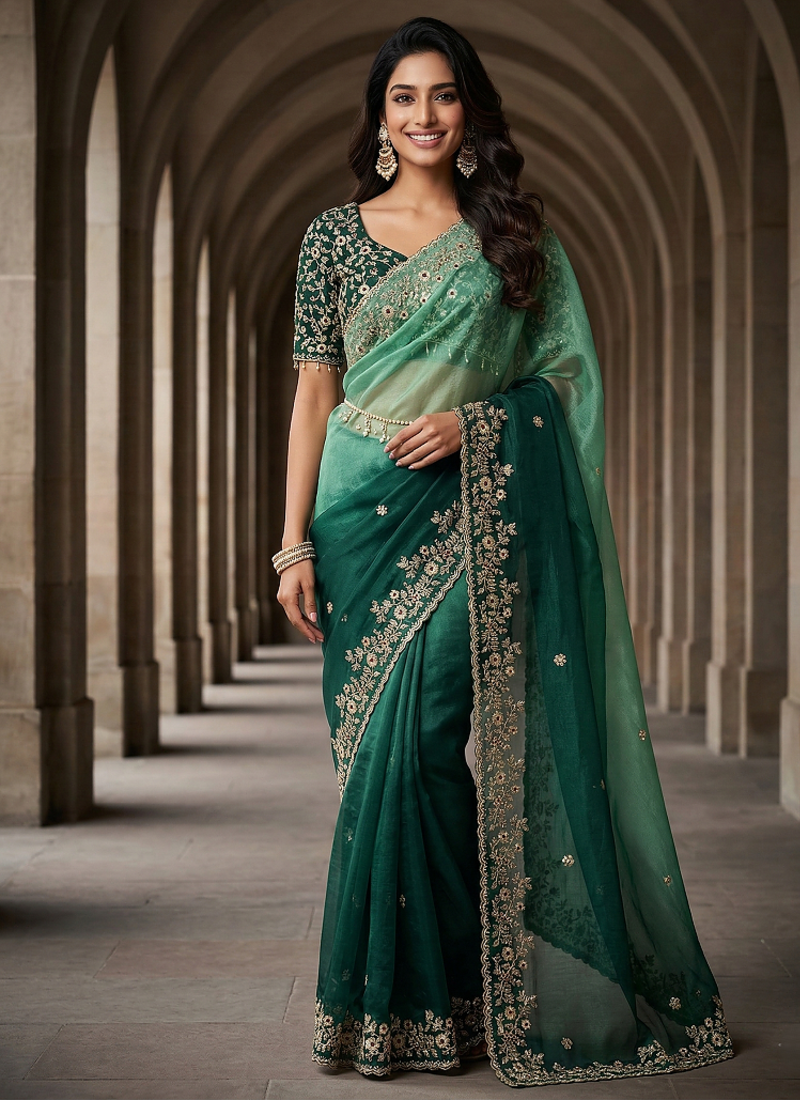 Green Color Sequins with Jari Thread Embroidery Work  Chiffon Silk Saree