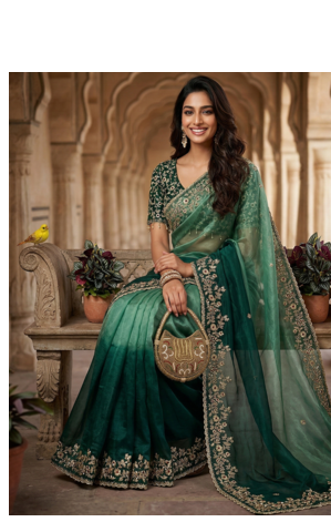 Green Color Sequins with Jari Thread Embroidery Work  Chiffon art silk saree 2