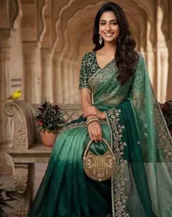 Green Color Sequins with Jari Thread Embroidery Work  Chiffon art silk saree