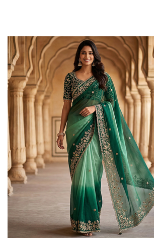 Green Color Sequins with Jari Thread Embroidery Work  Chiffon art silk saree 3