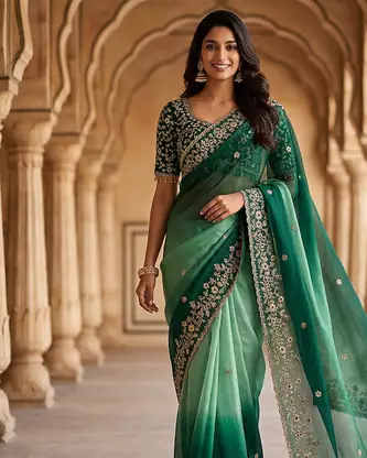 Green Color Sequins with Jari Thread Embroidery Work  Chiffon art silk saree