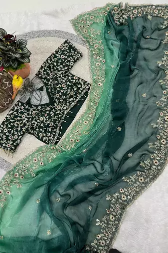 Green Color Sequins with Jari Thread Embroidery Work  Chiffon art silk saree