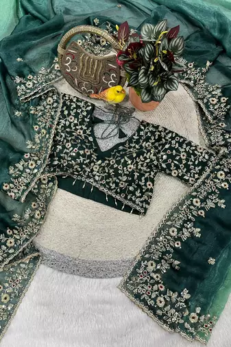 Green Color Sequins with Jari Thread Embroidery Work  Chiffon art silk saree
