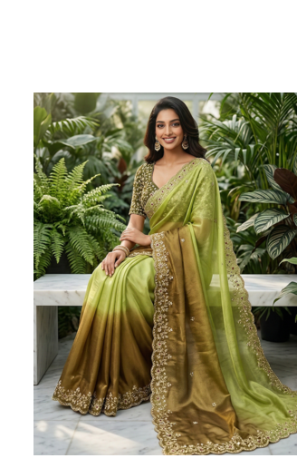 Parrot Green Color Sequins with Jari Thread Embroidery Work  Chiffon art silk saree 2