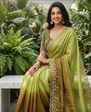 Parrot Green Color Sequins with Jari Thread Embroidery Work  Chiffon art silk saree