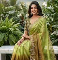 Parrot Green Color Sequins with Jari Thread Embroidery Work  Chiffon art silk saree