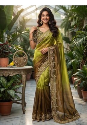 Parrot Green Color Sequins with Jari Thread Embroidery Work  Chiffon art silk saree 1