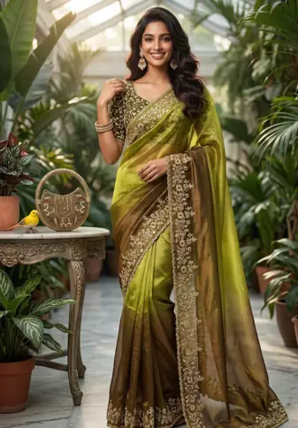 Parrot Green Color Sequins with Jari Thread Embroidery Work  Chiffon Silk Saree