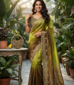 Parrot Green Color Sequins with Jari Thread Embroidery Work  Chiffon Silk Saree